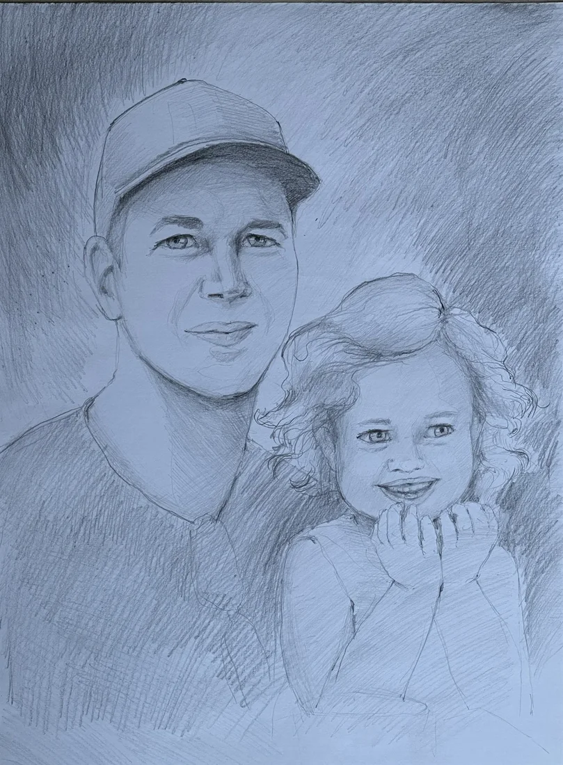 Handgezeichnetes Bleistiftportrait von zwei Personen nach Fotovorlage.