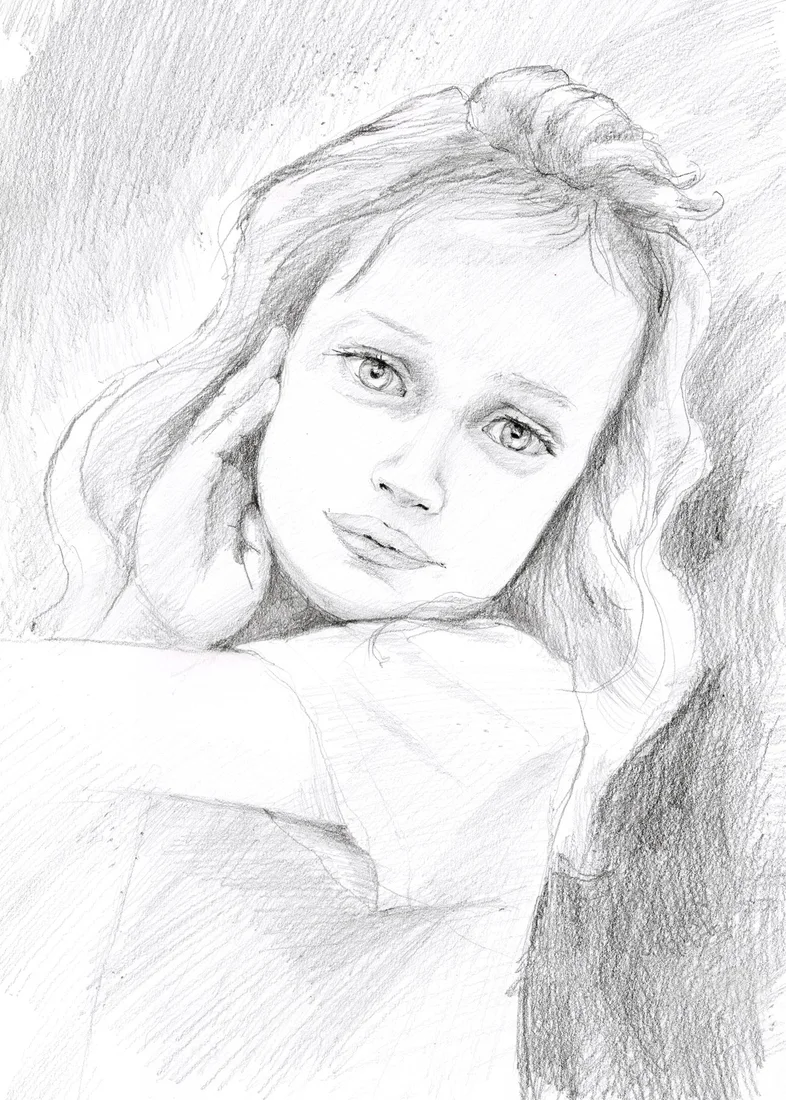 Handgezeichnetes Bleistiftportrait einer jungen Person nach Fotovorlage.
