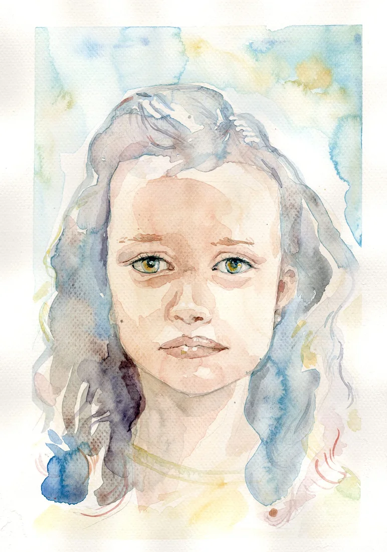 Handgemaltes Aquarellportrait einer jungen Person nach Fotovorlage.
