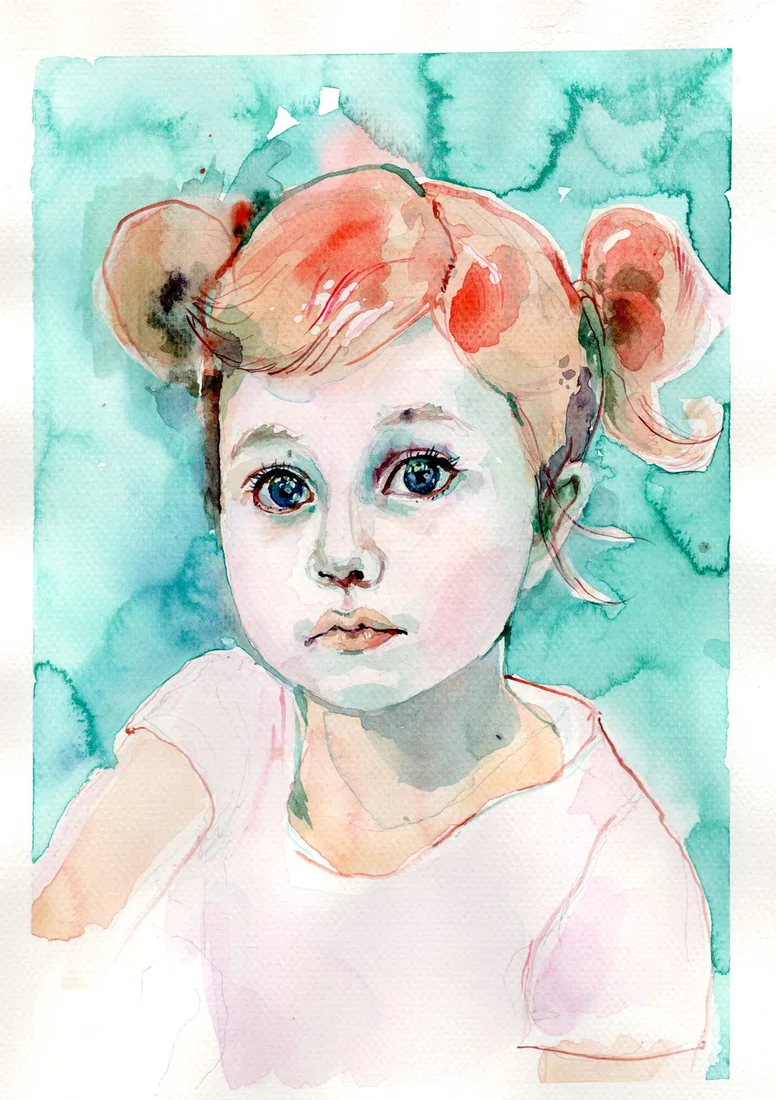 Handgemaltes Aquarellportrait eines Kindes mit türkisfarbenem Hintergrund.