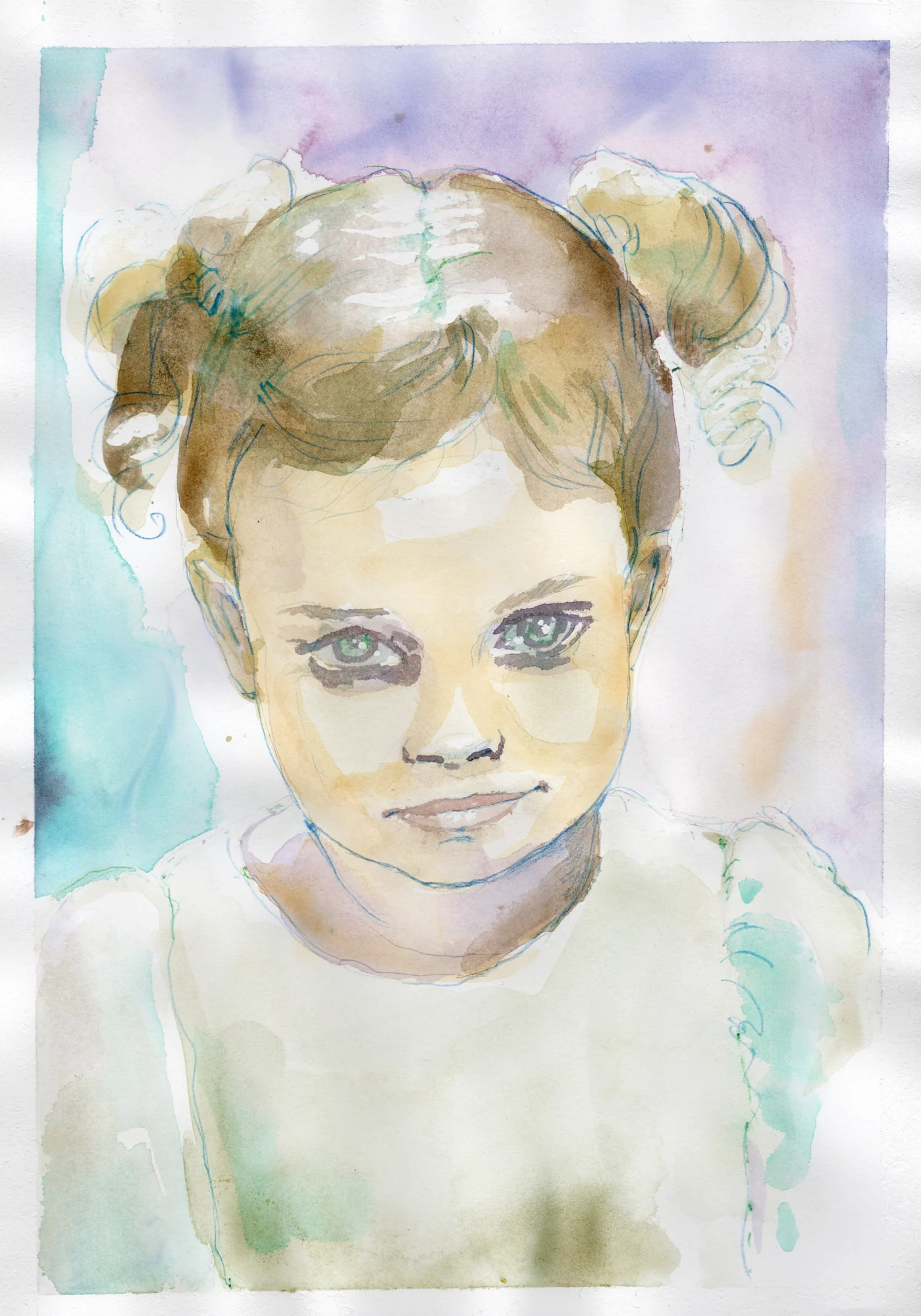 Handgemaltes Aquarellportrait eines Kindes nach Foto mit zarten Pastellfarben.