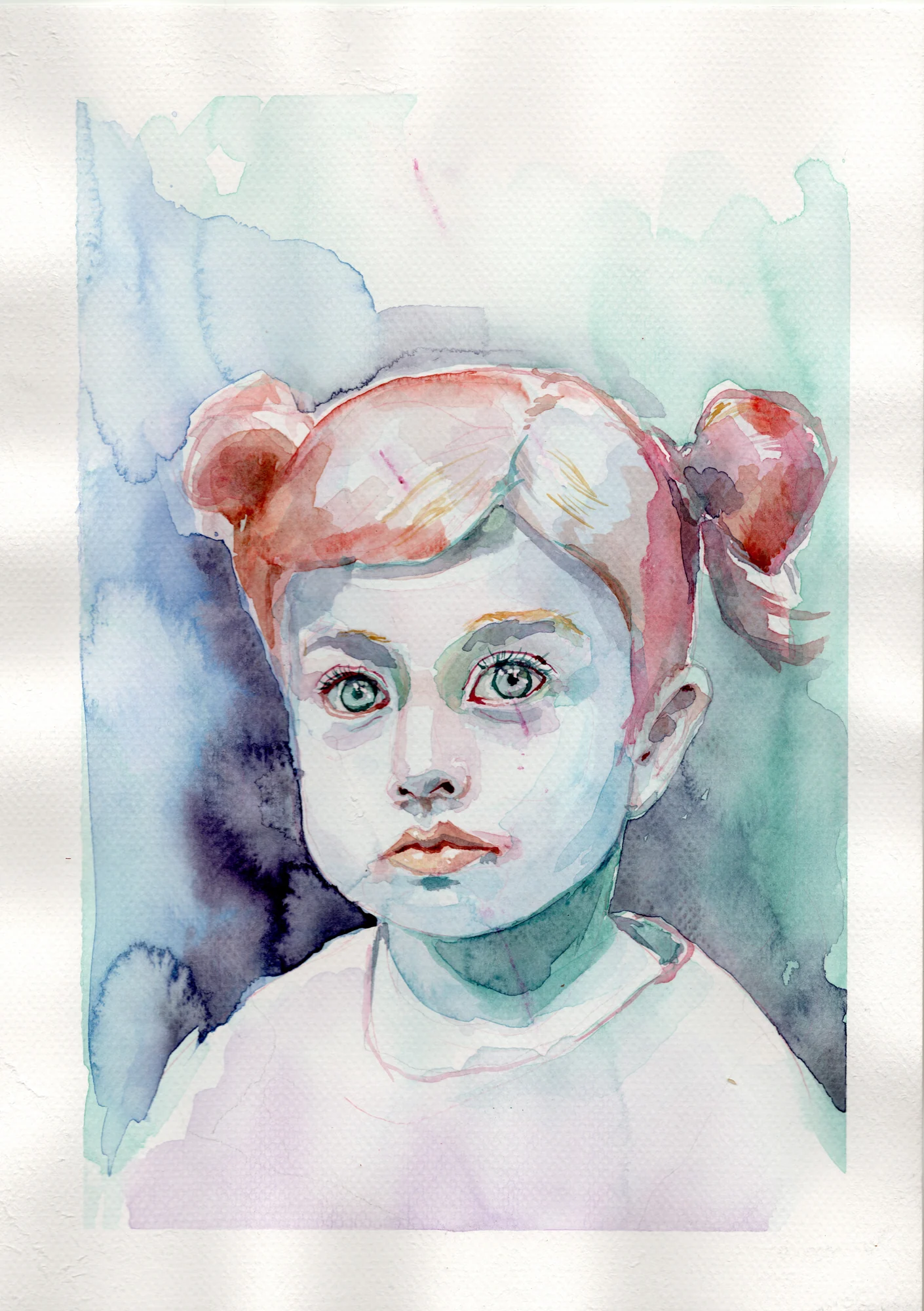 Aquarellportrait eines Kindes nach Foto mit blau-grünem Hintergrund.