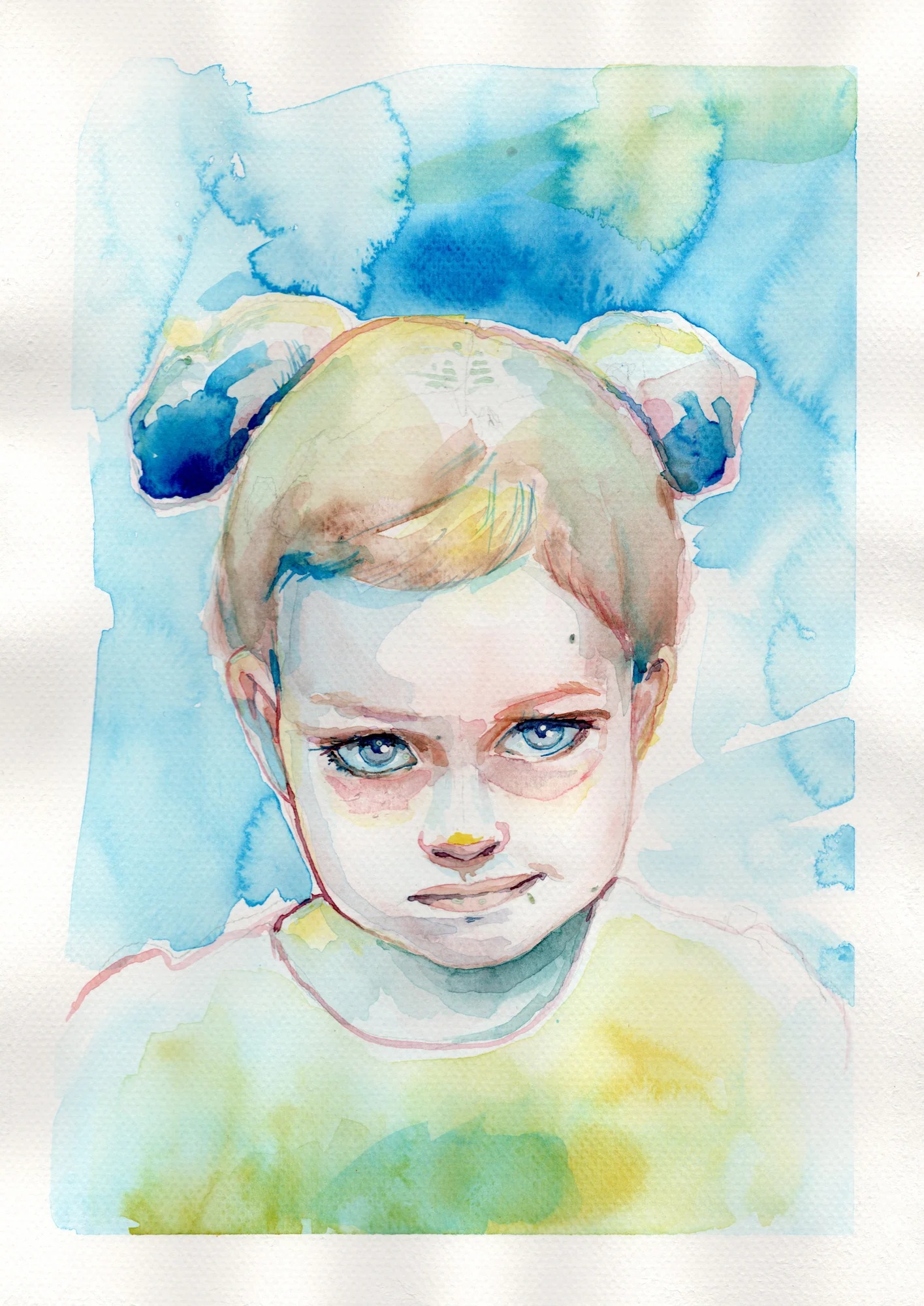 Aquarellportrait eines Kindes mit blauem Hintergrund nach Foto.