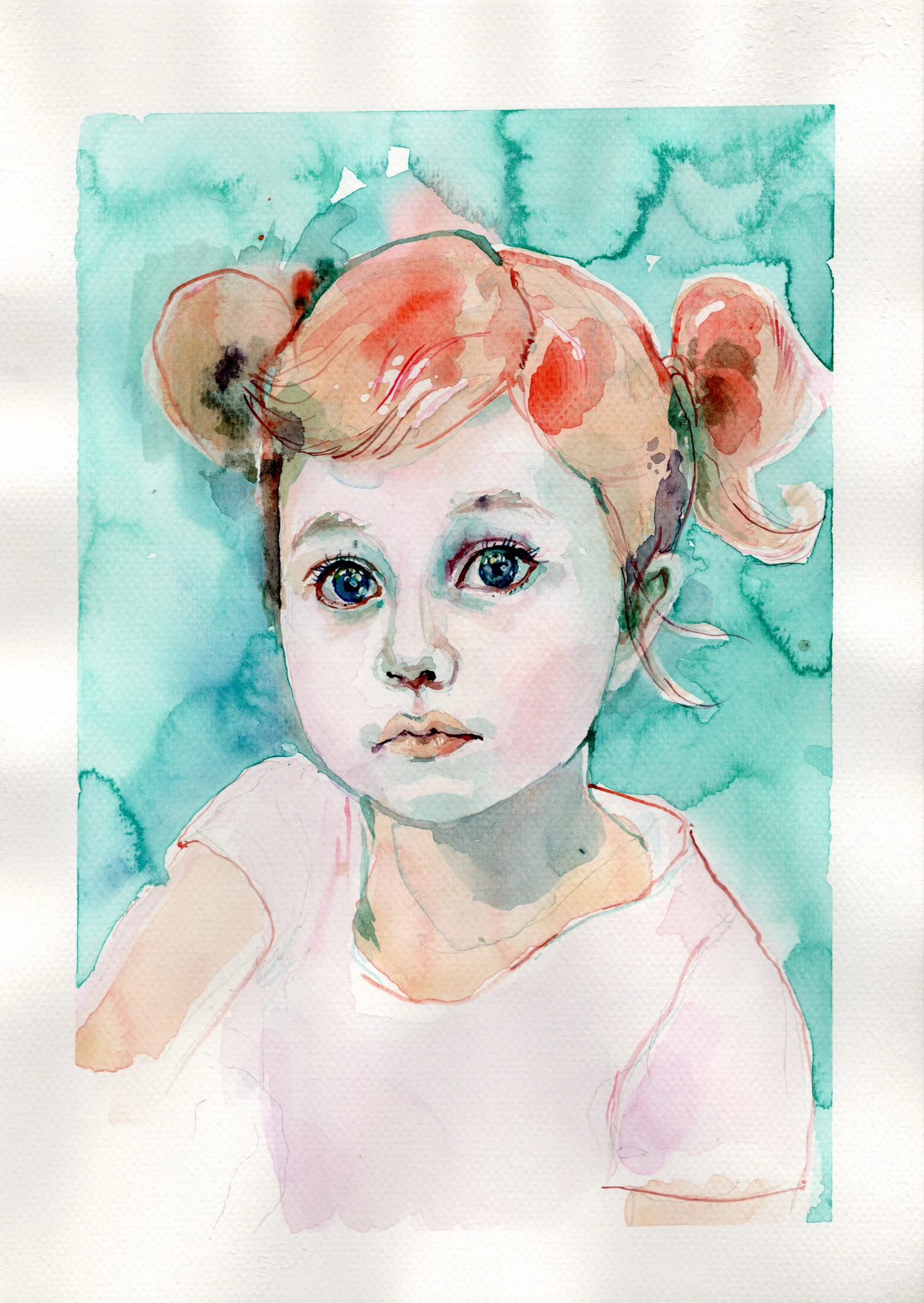 Handgemaltes Aquarellportrait eines Kindes mit türkisfarbenem Hintergrund.
